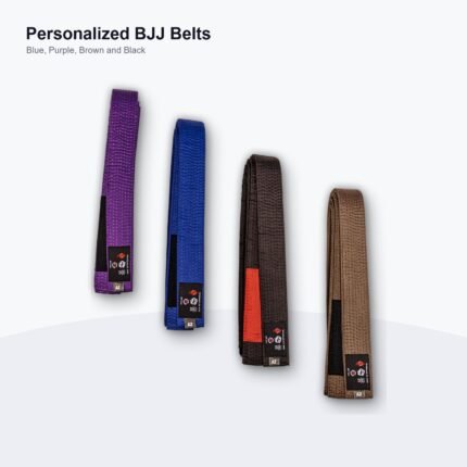 Personalized BJJ belts in blue purple brown and black