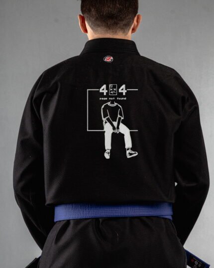 Page Not Found 404 embroidery on the back of a black BJJ Gi