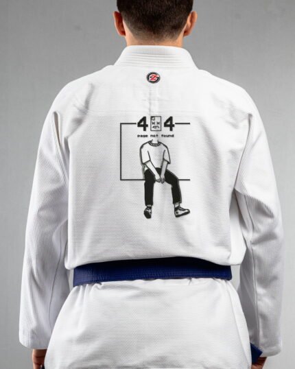 Page Not Found 404 embroidery on the back of a white BJJ Gi