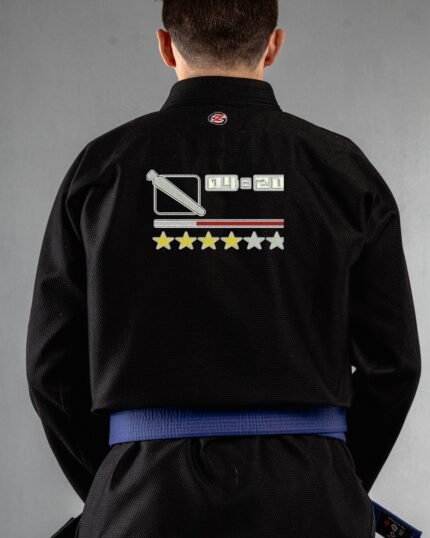 Four Twenty 420 embroidery on the back of a black BJJ Gi