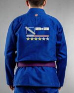 Four Twenty 420 embroidery on the back of a blue BJJ Gi
