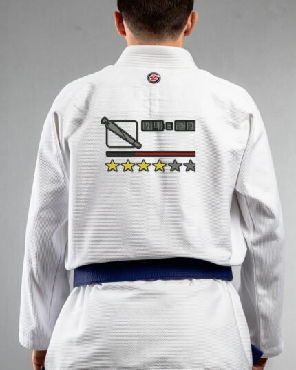 Four Twenty 420 embroidery on the back of a white BJJ Gi