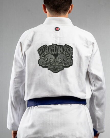 Skull Pack (9) Embroidery Files embroidery on the back of a white BJJ Gi