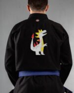 Trex Abstract embroidery on the back of a black BJJ Gi