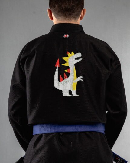 Trex Abstract embroidery on the back of a black BJJ Gi