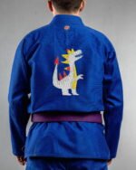 Trex Abstract embroidery on the back of a blue BJJ Gi