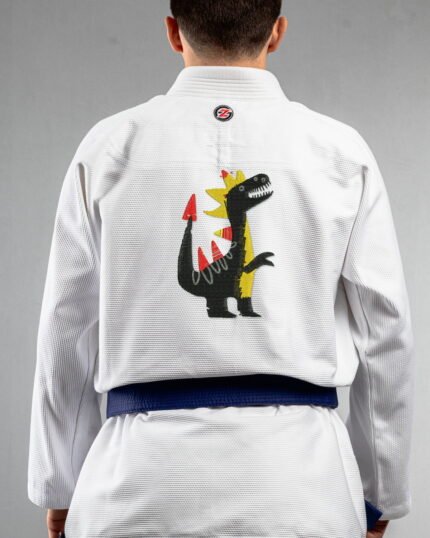 Trex Abstract embroidery on the back of a white BJJ Gi