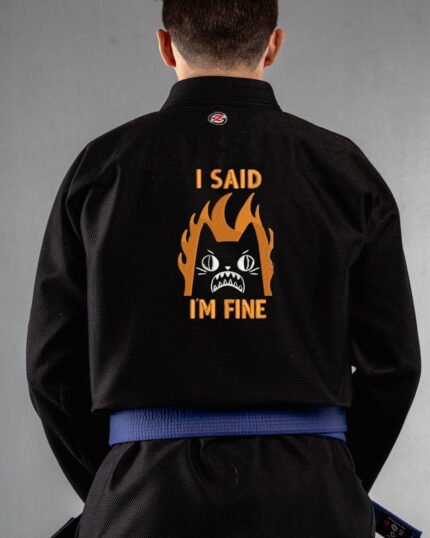 I'm Fine embroidery on the back of a black BJJ Gi