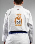 I'm Fine embroidery on the back of a white BJJ Gi