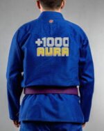Aura embroidery on the back of a blue BJJ Gi