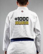 Aura embroidery on the back of a white BJJ Gi