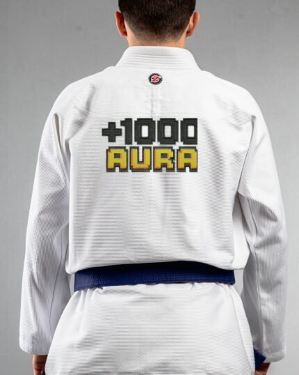 Aura embroidery on the back of a white BJJ Gi