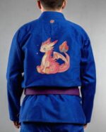 Baby Dragon embroidery on the back of a blue BJJ Gi
