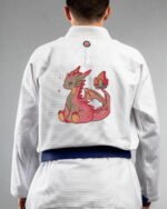 Baby Dragon embroidery on the back of a white BJJ Gi