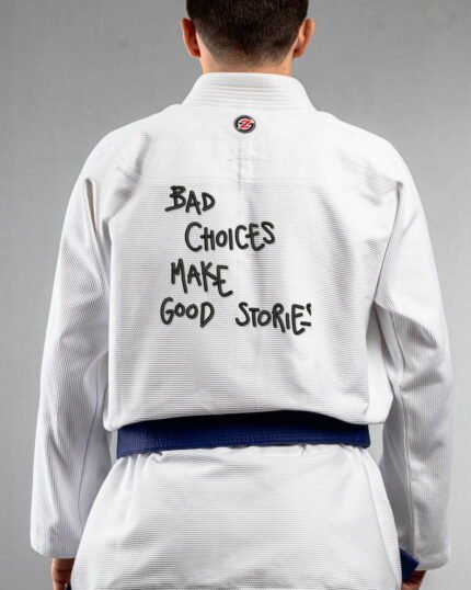 Bad Choices Make Good Stories embroidery on the back of a white BJJ Gi