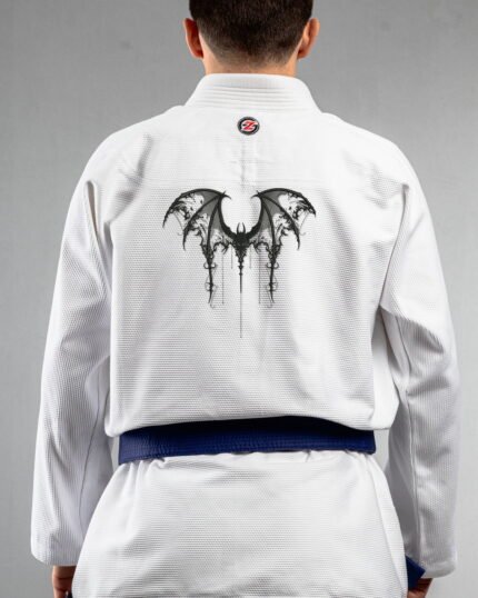 Bat embroidery on the back of a white BJJ Gi
