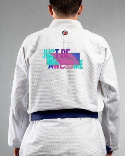 Be Awesome embroidery on the back of a white BJJ Gi