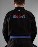 Believe In Yourself embroidery on the back of a black BJJ Gi