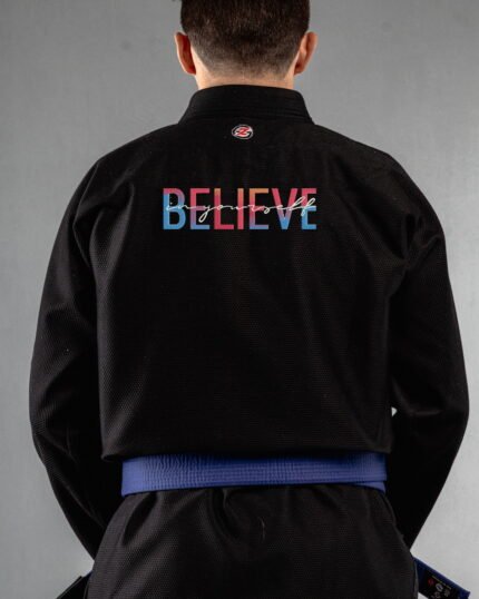 Believe In Yourself embroidery on the back of a black BJJ Gi