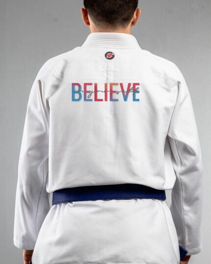 Believe In Yourself embroidery on the back of a white BJJ Gi