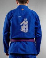 Skull Biker embroidery on the back of a blue BJJ Gi