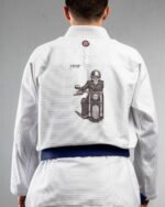 Skull Biker embroidery on the back of a white BJJ Gi