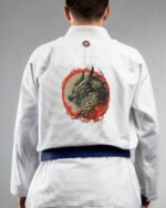 Dragon Black & Golden embroidery on the back of a white BJJ Gi