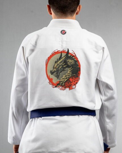 Dragon Black & Golden embroidery on the back of a white BJJ Gi