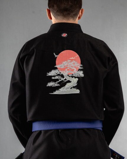 Bonsai embroidery on the back of a black BJJ Gi