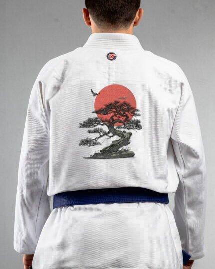 Bonsai embroidery on the back of a white BJJ Gi