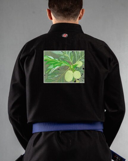 Breadfruit embroidery on the back of a black BJJ Gi