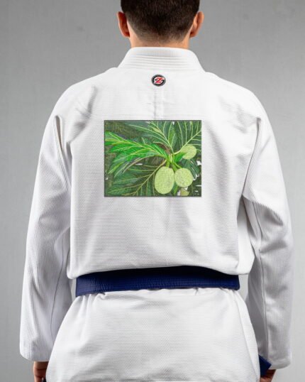 Breadfruit embroidery on the back of a white BJJ Gi