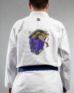Broke But Rich embroidery on the back of a white BJJ Gi