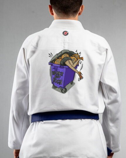 Broke But Rich embroidery on the back of a white BJJ Gi