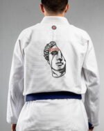 Broken Greek Statue embroidery on the back of a white BJJ Gi