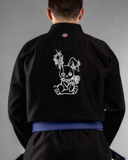 Bunny With Rose Minimal embroidery on the back of a black BJJ Gi