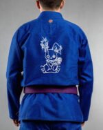 Bunny With Rose Minimal embroidery on the back of a blue BJJ Gi