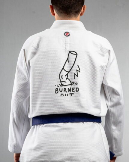 Burned Out embroidery on the back of a white BJJ Gi