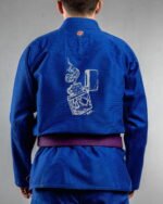 Bruning Lighter embroidery on the back of a blue BJJ Gi