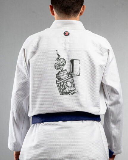 Bruning Lighter embroidery on the back of a white BJJ Gi