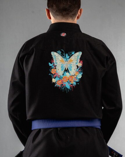 Butterfly 2 Glowing embroidery on the back of a black BJJ Gi