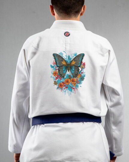 Butterfly 2 Glowing embroidery on the back of a white BJJ Gi