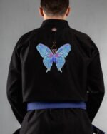 Butterfly 3 embroidery on the back of a black BJJ Gi