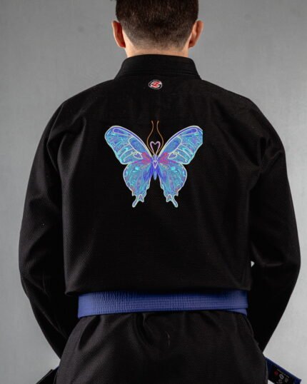 Butterfly 3 embroidery on the back of a black BJJ Gi