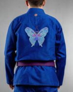 Butterfly 3 embroidery on the back of a blue BJJ Gi