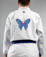 Butterfly 3 embroidery on the back of a white BJJ Gi