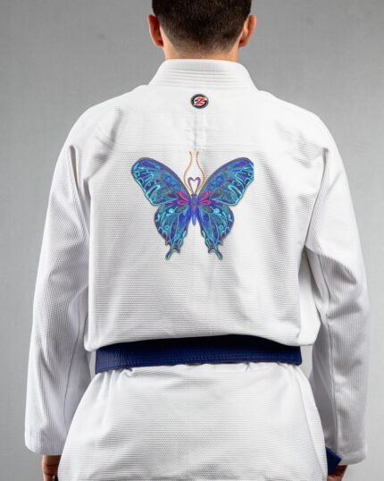Butterfly 3 embroidery on the back of a white BJJ Gi