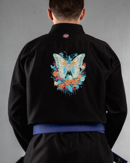 Butterfly embroidery on the back of a black BJJ Gi