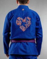Butterfly Love embroidery on the back of a blue BJJ Gi
