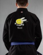 Honey Bee Buzzin embroidery on the back of a black BJJ Gi